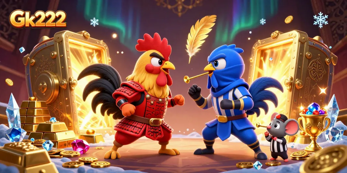 Gk222 showcases thrilling gaming with fighting roosters in a vibrant casino illustration.