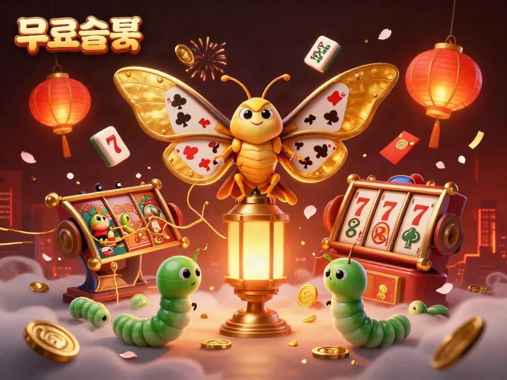 Experience free slots with a dazzling 3D moth and casino elements illuminating the scene.