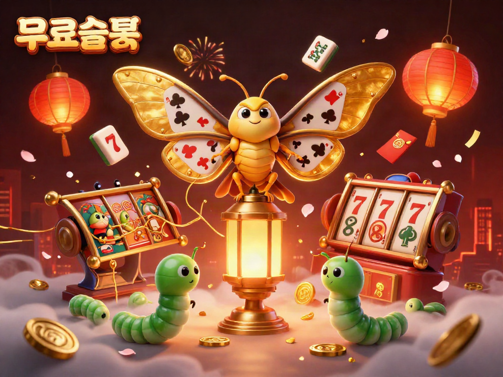 Experience free slots with a dazzling 3D moth and casino elements illuminating the scene.