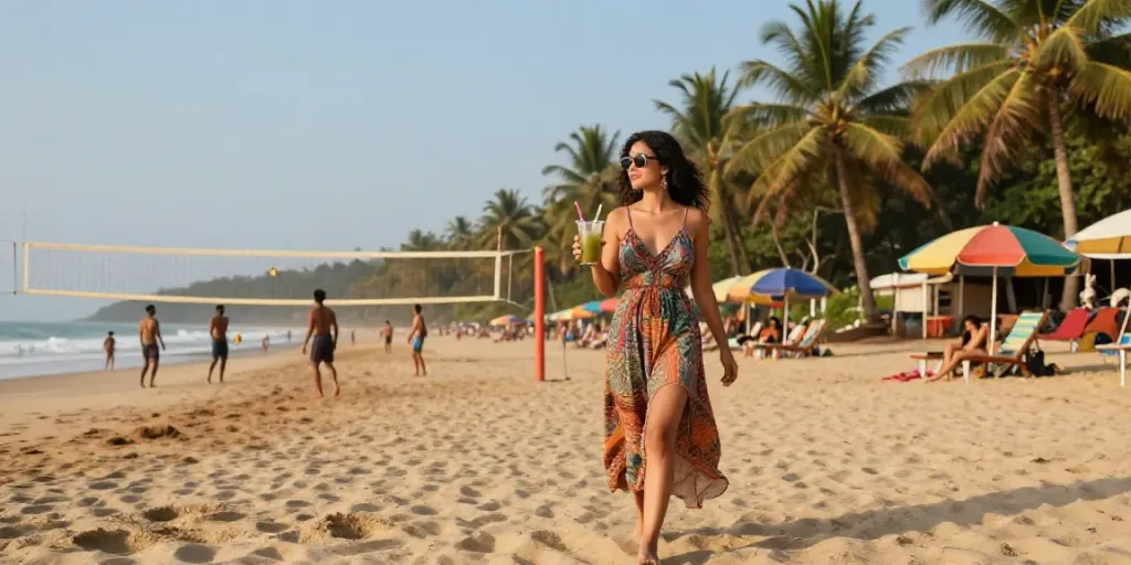Goa escorts enjoying a sunny beach atmosphere with vibrant colors and relaxed vibes.