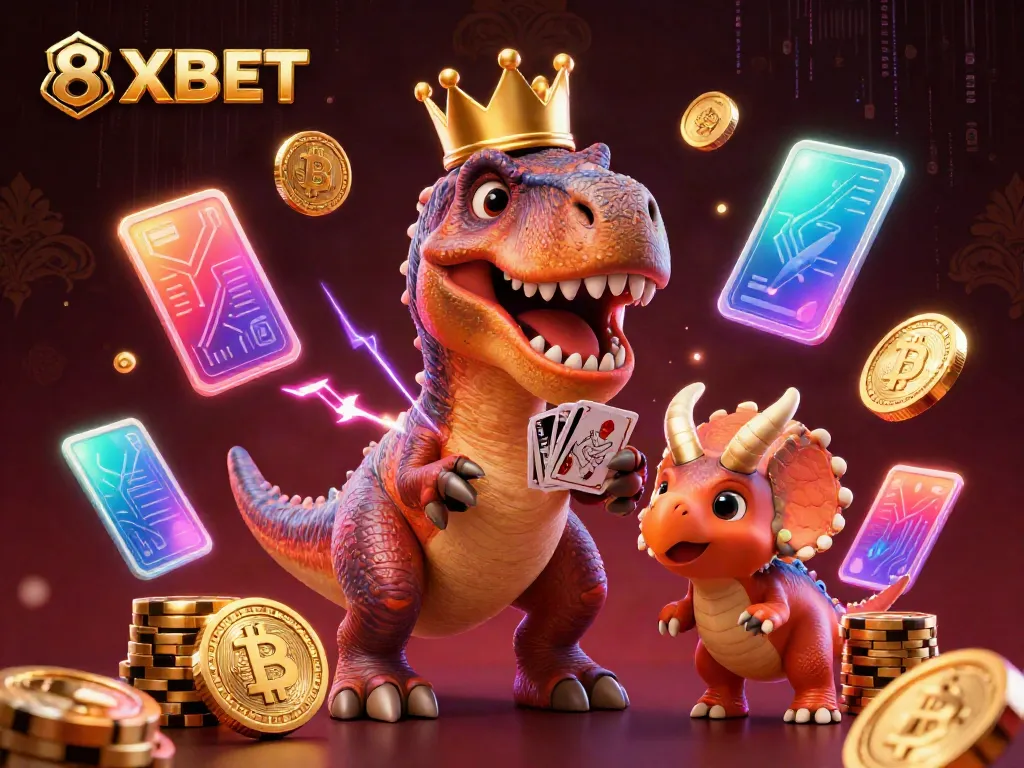 Engage in gaming adventures with 8XBET as a T-Rex shuffles cards and a pterodactyl assists, surrounded by crypto elements.