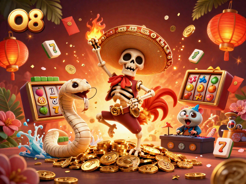 Experience thrilling wins with O8's vibrant casino scene featuring joyful characters in action.