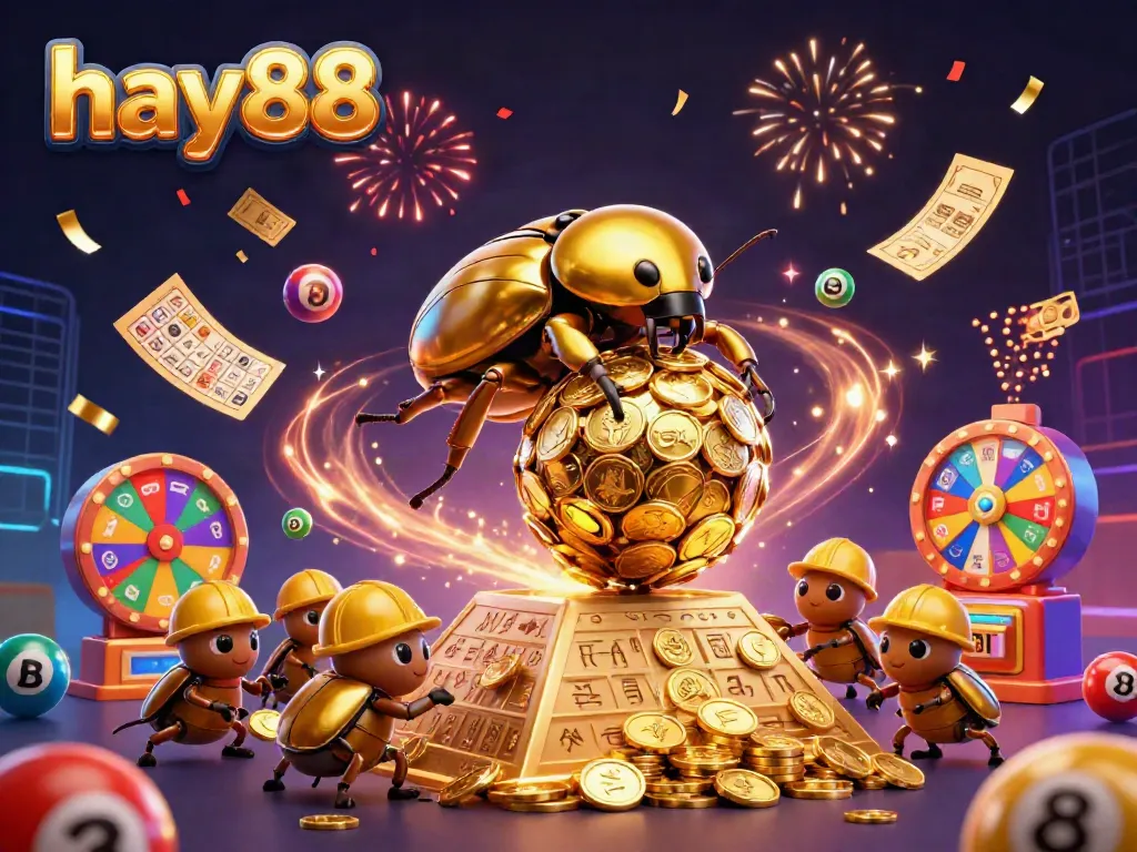 Experience the thrill of winning at hay88 with rich visuals of a golden dung beetle rolling coins, dynamic lottery elements, and festive effects.
