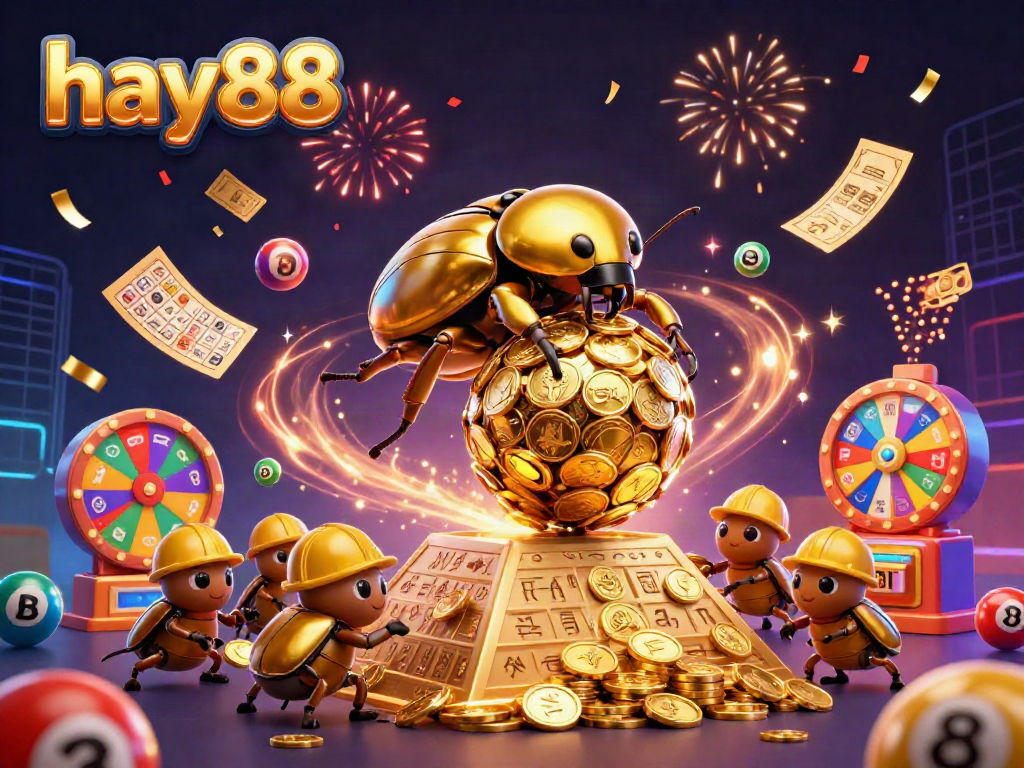 Experience the thrill of winning at hay88 with rich visuals of a golden dung beetle rolling coins, dynamic lottery elements, and festive effects.