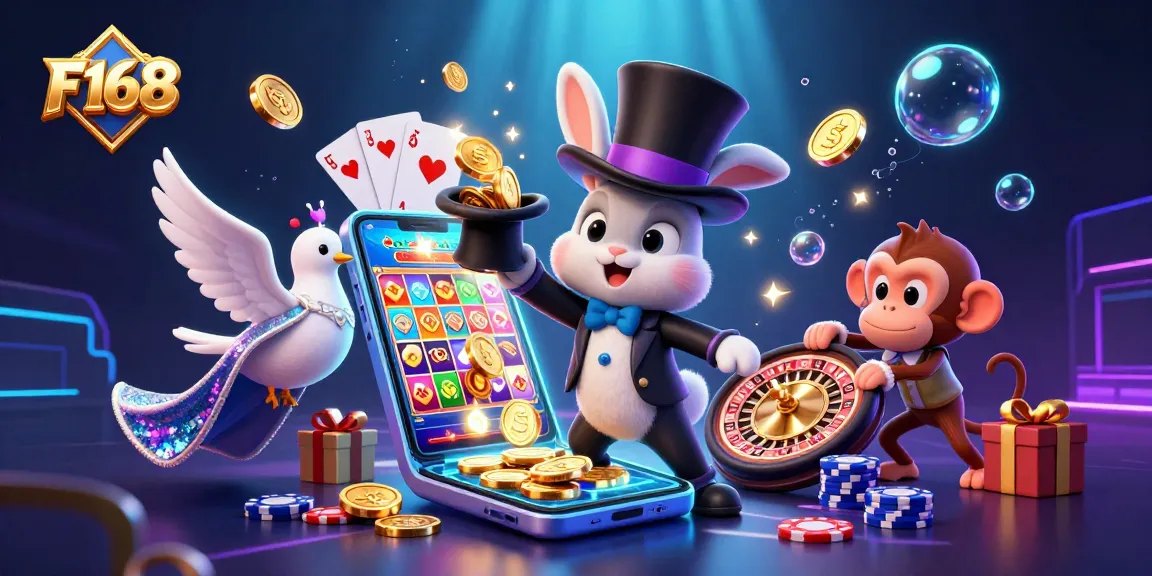 F168 captures excitement with a magician rabbit, assistant dove, and monkey amid vibrant gambling elements.