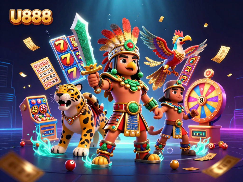 Experience the thrill of U888's vibrant casino gaming scene with engaging characters and dynamic slot elements.