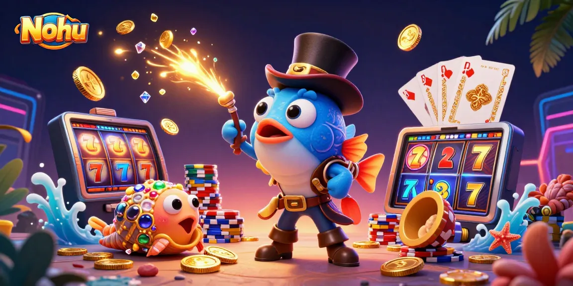 Nohu captures golden coins with a charismatic anglerfish while showcasing dynamic slot game action.
