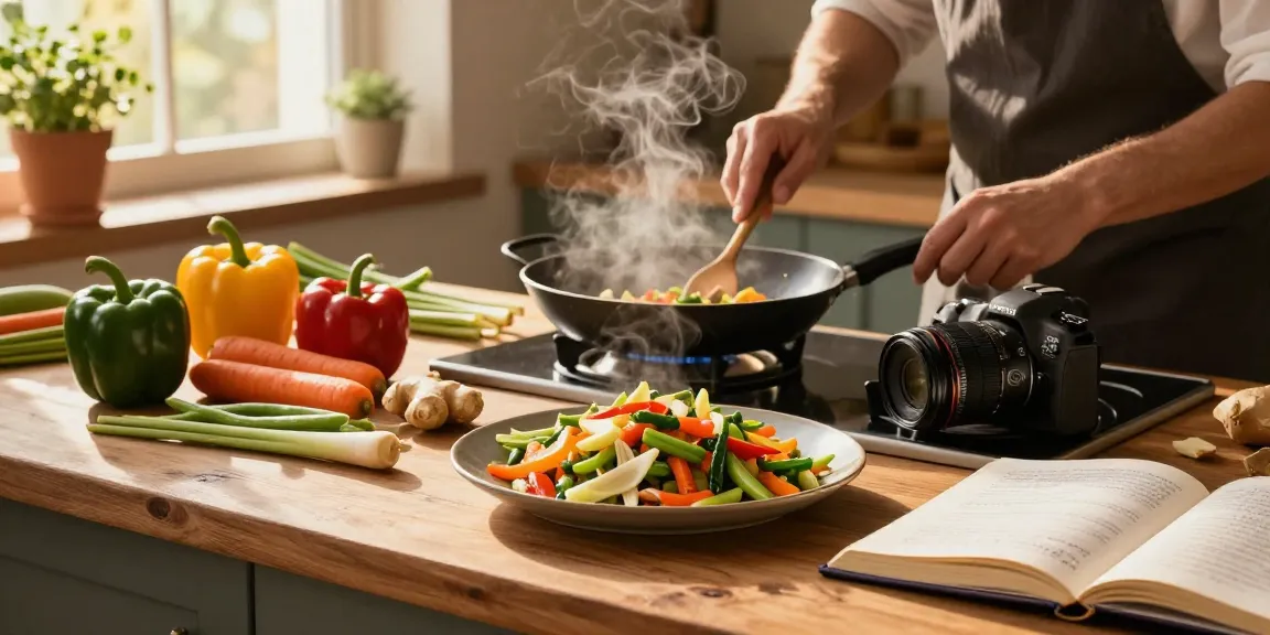 Engaging kitchen scene with ginger and lemongrass in vegetable stir-fry, showcasing fresh ingredients and cooking action.