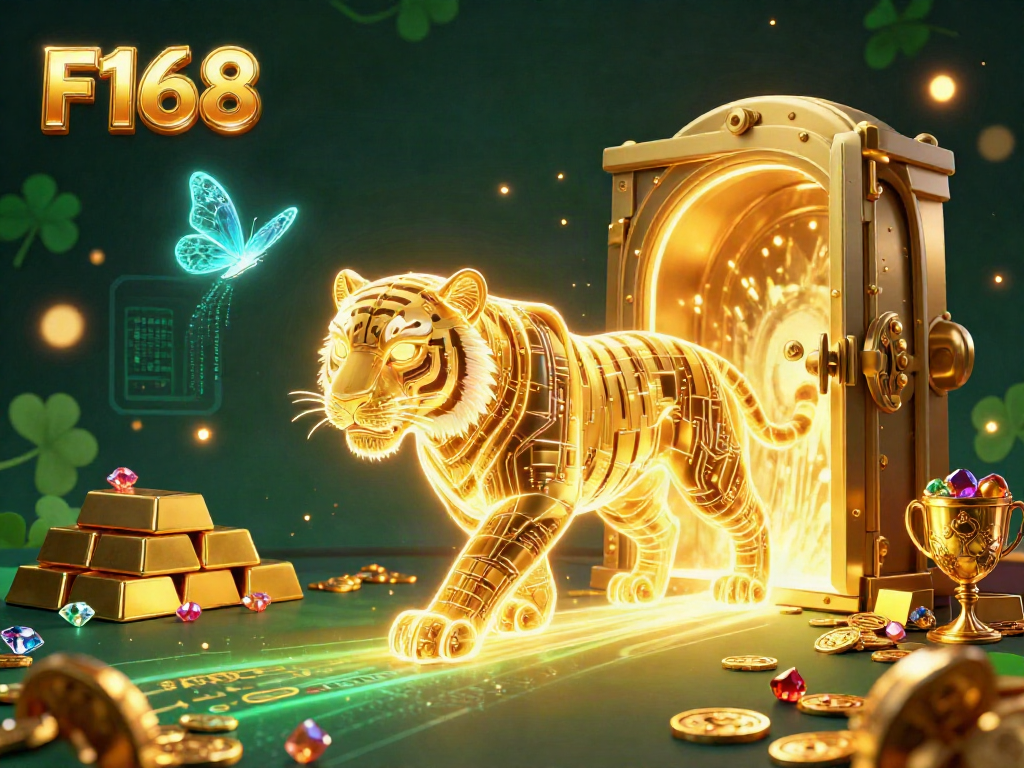 Experience thrilling F168 gaming with a neon golden tiger in a vibrant casino landscape.