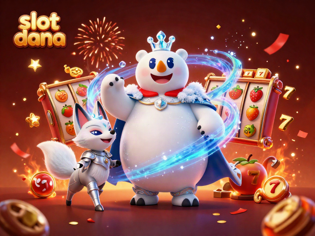 Memainkan slot dana dengan putaran slot, simbol buah, dan jackpot bersama raja es dan rubah bersenjata perak.