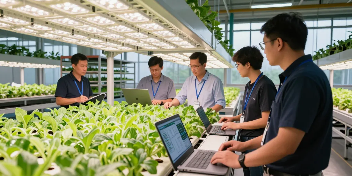 CIKA4D professionals inspecting vertical farming systems for optimal indoor agriculture.