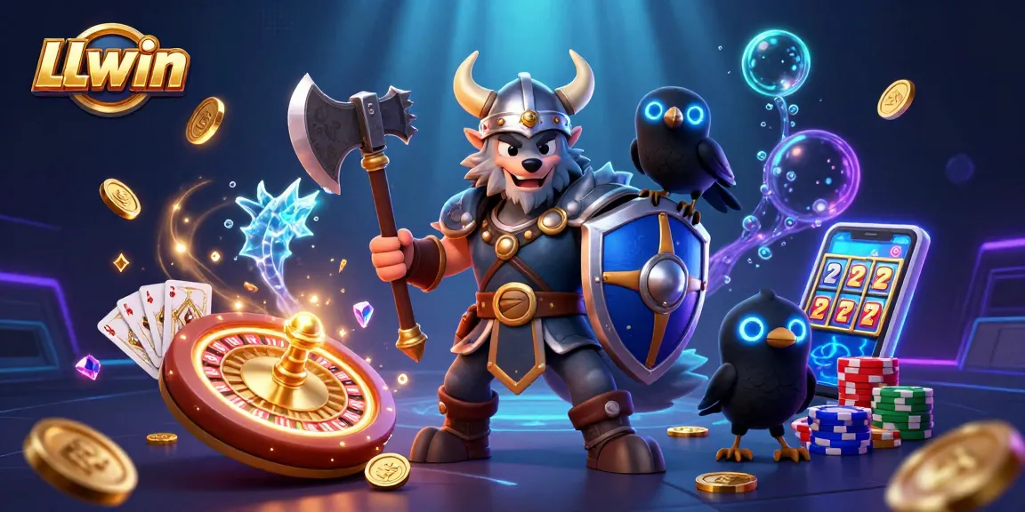 LLwin captures the thrill of online gaming with a Viking warrior, dragon, and vibrant casino elements.