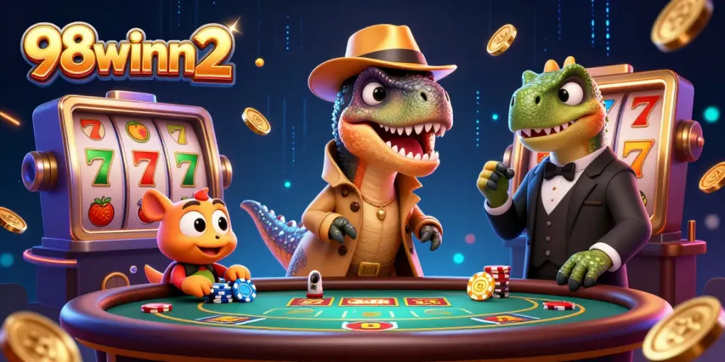 Watch the 98winn2 velociraptor at the blackjack table, sneakily counting cards amidst a thrilling casino scene.