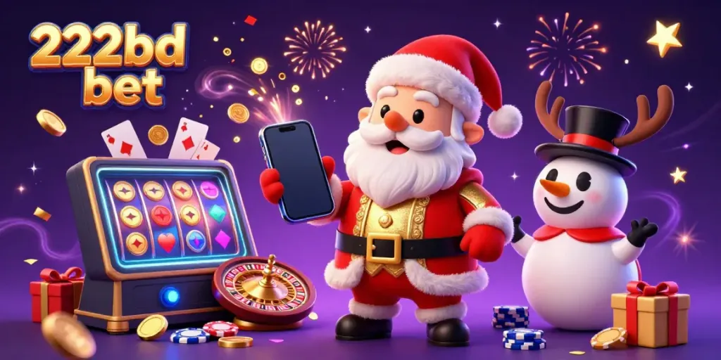 Win jackpots with 222bd bet in this festive 3D illustration of Santa, a reindeer, and a snowman.