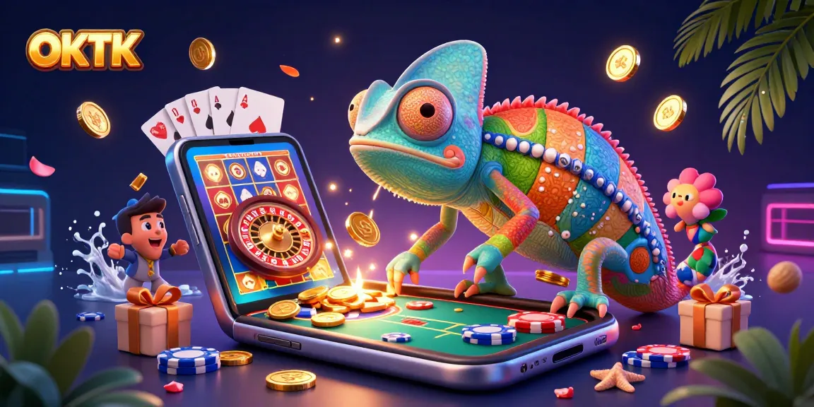 Play at OKTK casino with the vibrant chameleon owner surrounded by rich gaming elements.