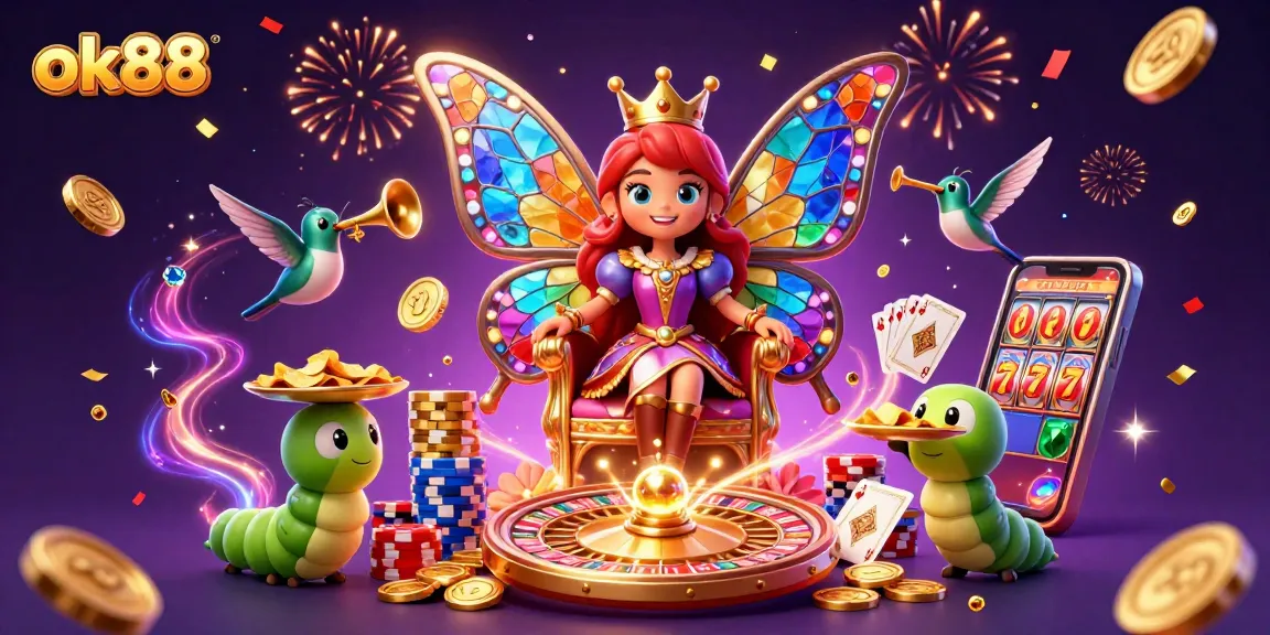 Play and win with ok88 in an energetic casino scene filled with vibrant illustrations and exciting game features.