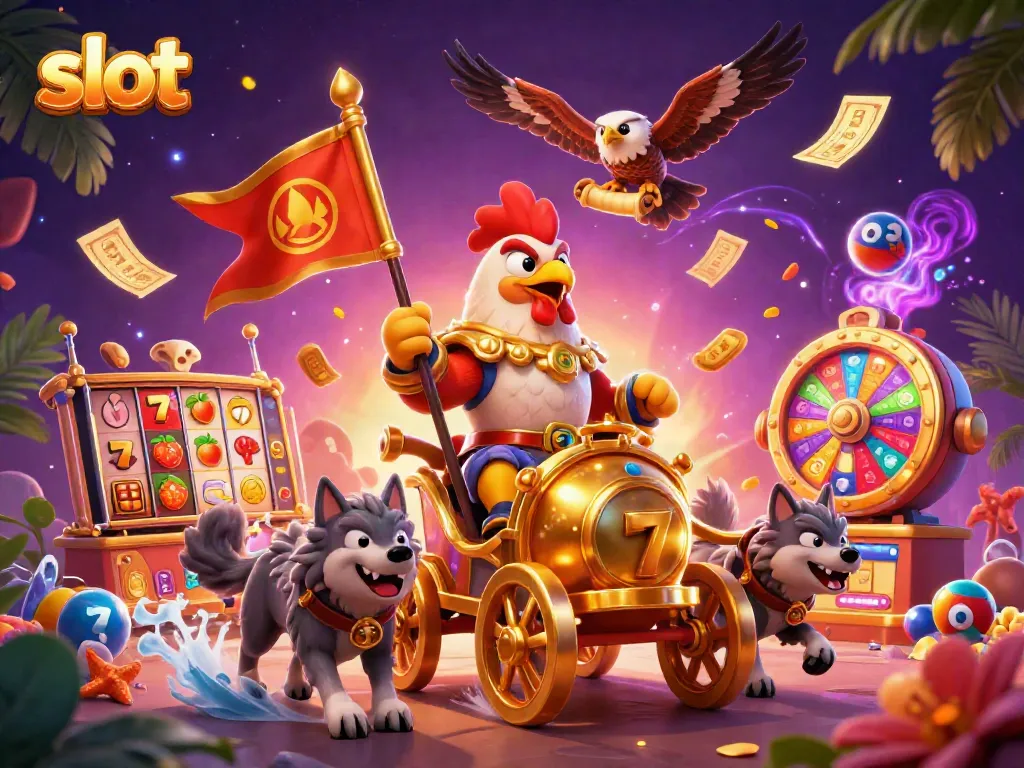 Experience the excitement of slots with a dynamic 3D scene illustrating a rooster warlord in a casino-themed adventure.