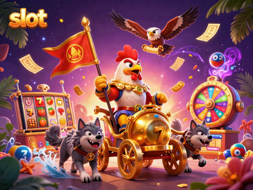 Experience the excitement of slots with a dynamic 3D scene illustrating a rooster warlord in a casino-themed adventure.
