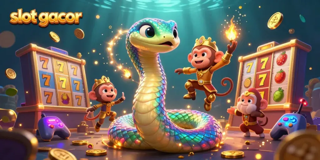Immerse in slot gacor excitement with vibrant visuals of jackpots, colorful symbols, and lively characters.