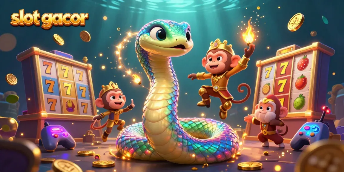 Immerse in slot gacor excitement with vibrant visuals of jackpots, colorful symbols, and lively characters.