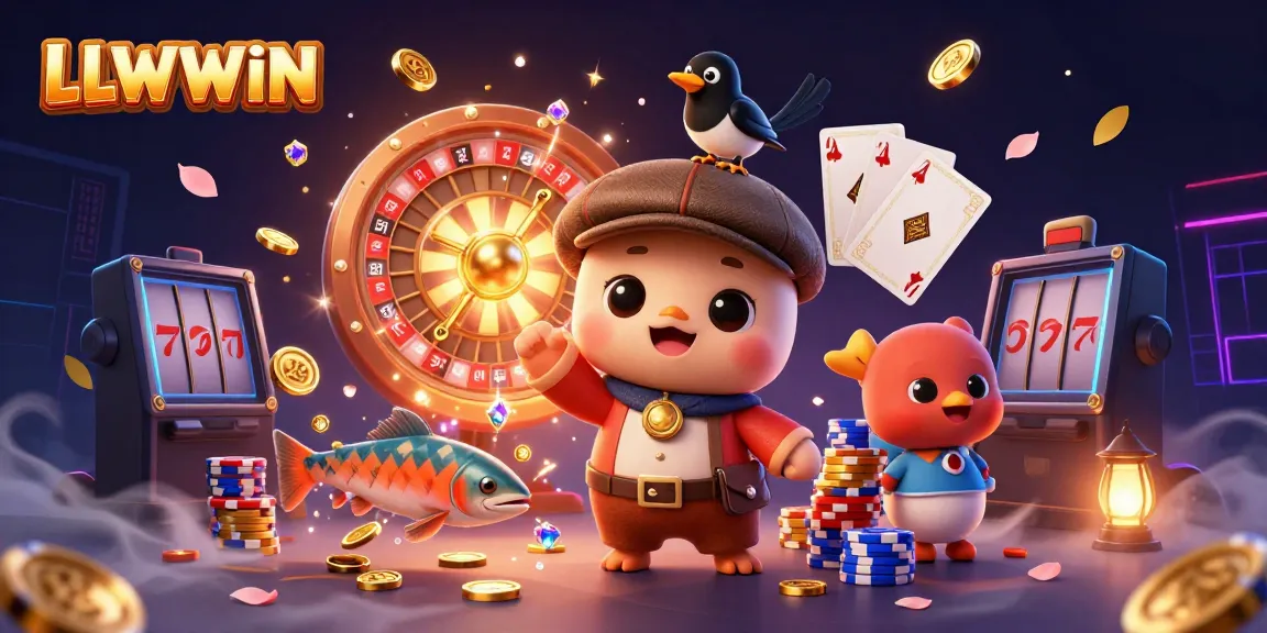 Engage in thrilling gaming adventures at LLWWIN with colorful characters and casino elements in a vibrant scene.