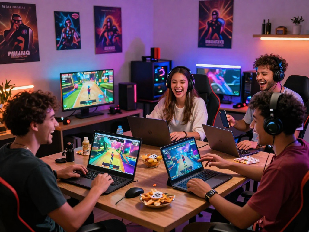 Friends enjoying a multiplayer porn game on laptops and tablets in a colorful gaming environment.