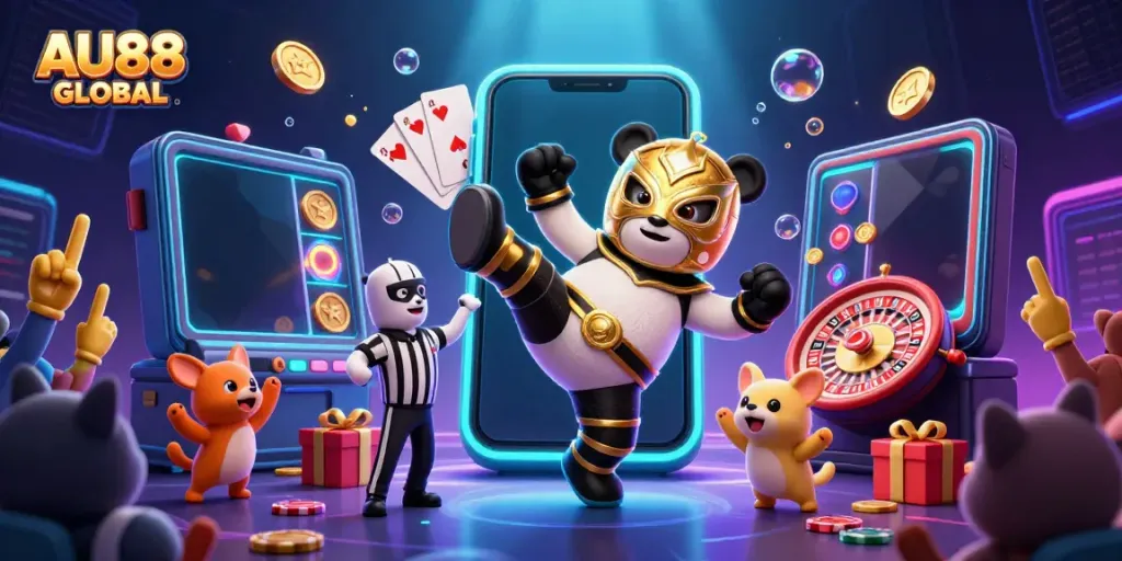 Engage with the dynamic AU88 GLOBAL slots scene featuring a panda wrestler performing spectacular moves in a vibrant casino atmosphere.