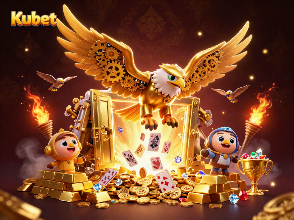 Kubet showcases an electrifying 3D eagle amidst a treasure-filled casino landscape, driving excitement in online gaming.