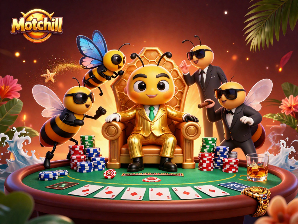 Engage with Motchill's vibrant 3D casino scene featuring a bumblebee mob boss at a dynamic poker table.