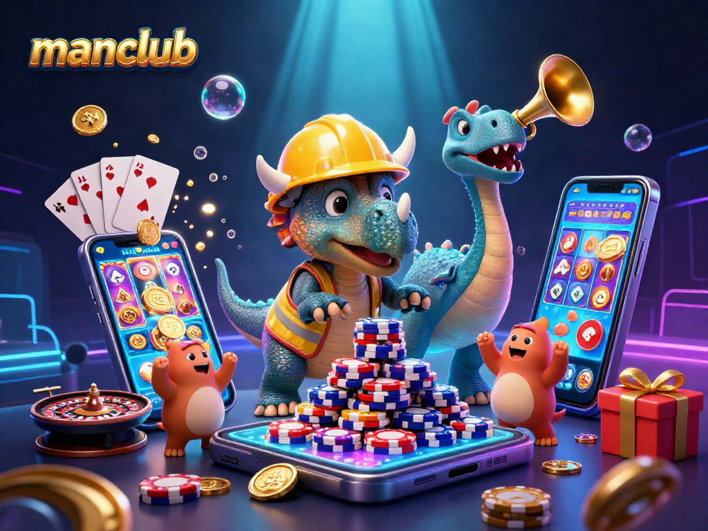 Join the fun with manclub as a playful triceratops builds poker chip towers in this vibrant 3D casino scene.