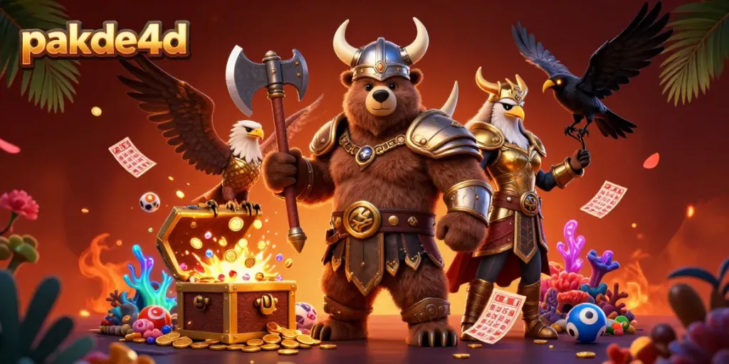 Engage with pakde4d's exciting lottery scene featuring a Viking berserker and Valkyrie eagle amidst floating bingo cards and treasure.