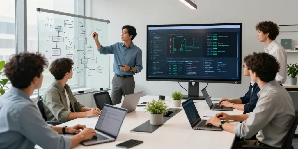 A dynamic office collaboration scene featuring professionals discussing Enterprise AI workflows and models.