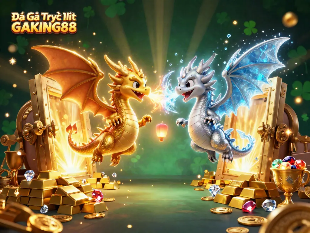 Experience the thrill of Đá Gà Trực Tiếp GAKING88 with dynamic dragons and treasure in a vibrant arena.