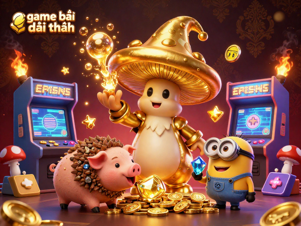 Engage with game bài đổi thưởng through a vibrant 3D digital illustration showcasing wizardry, treasure, and arcade excitement.