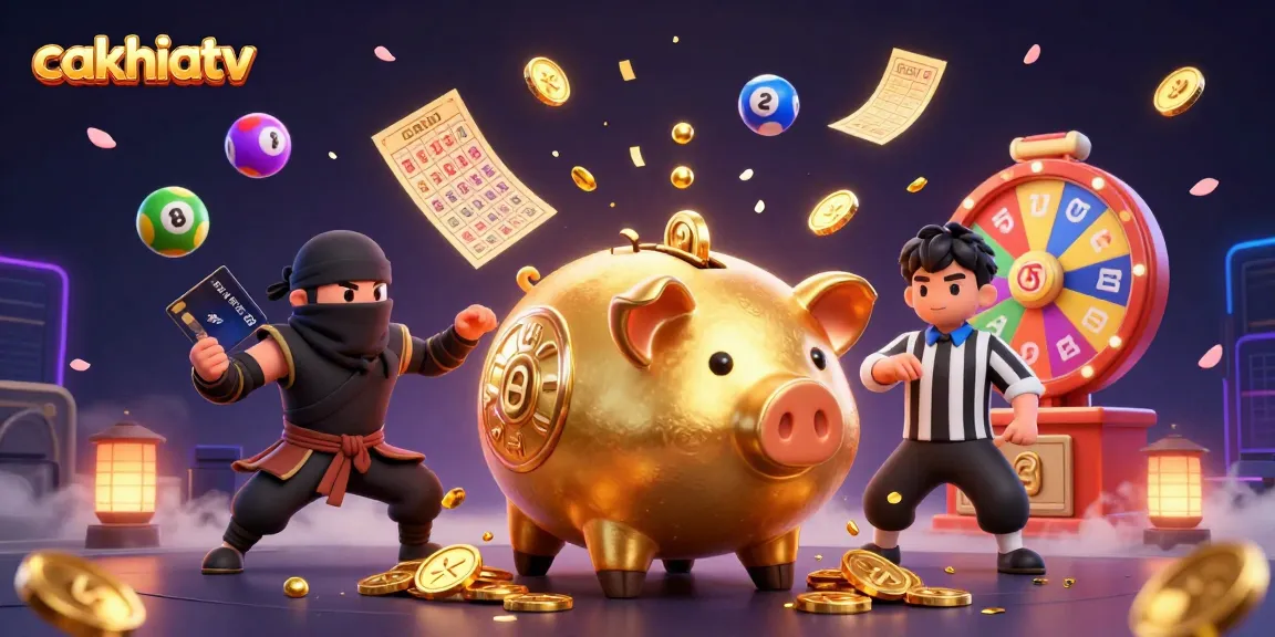 Experience thrilling gameplay with cakhiatv's dynamic illustration of a sumo wrestler, ninja, and referee.