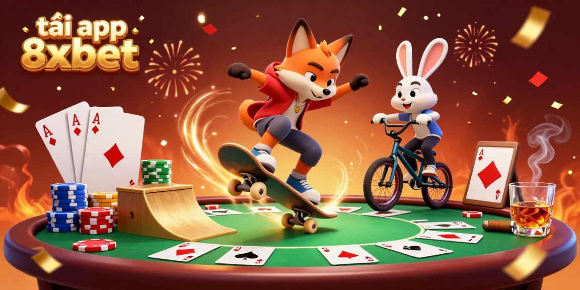 Engage with the thrilling scene of tải app 8xbet, showcasing a spirited skateboarder fox and BMX rabbit in a dynamic casino environment.