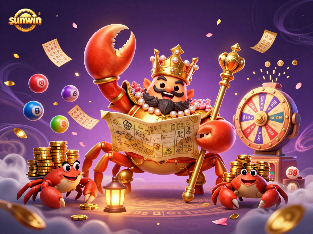 Sunwin promotes exciting lottery fun with a golden crab emperor and dynamic game elements.