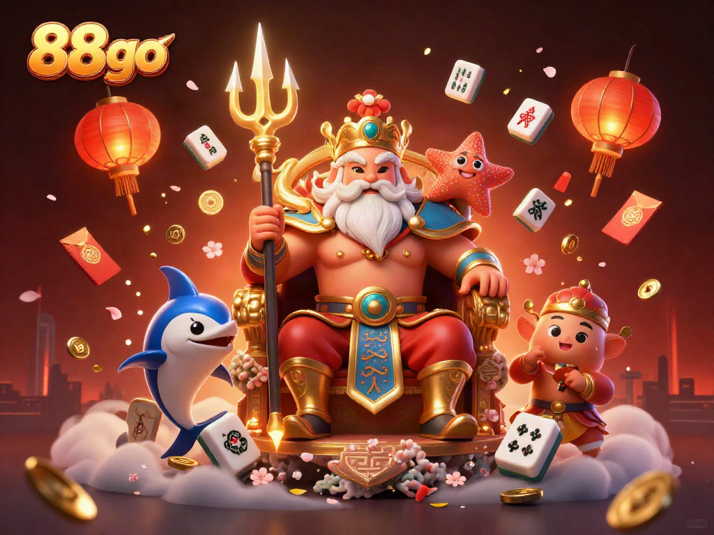 Engage in thrilling gameplay at 88go with this vibrant 3D casino scene featuring Neptune and game elements.