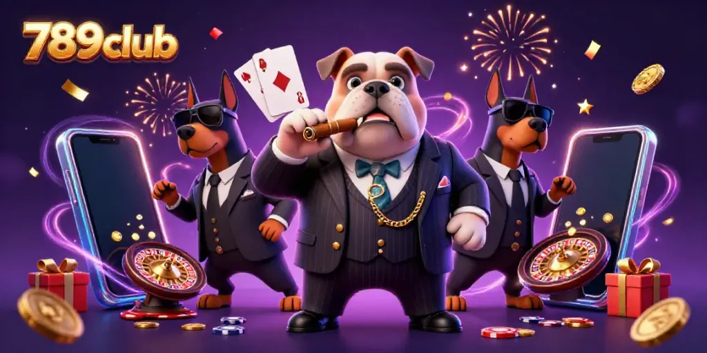 Engage with 789club in an exciting 3D illustration featuring a mafia bulldog and bodyguard Dobermans amidst casino gaming elements.