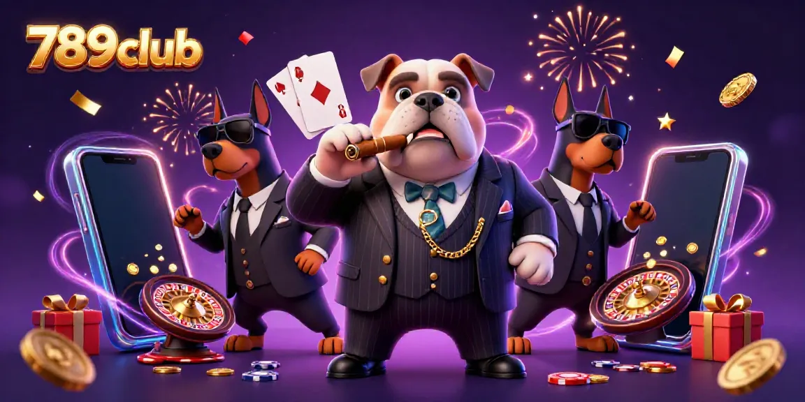 Engage with 789club in an exciting 3D illustration featuring a mafia bulldog and bodyguard Dobermans amidst casino gaming elements.