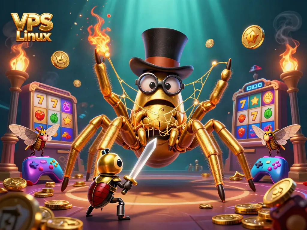 Win big on VPS Linux with vibrant slot reels and a brave beetle knight in a gold web scene.