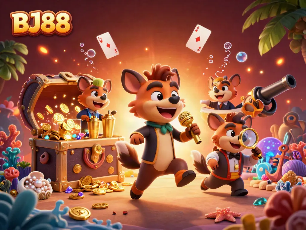 Experience the vibrant entertainment at BJ88 casino, featuring hyenas in a comedy scene, games, and treasure.