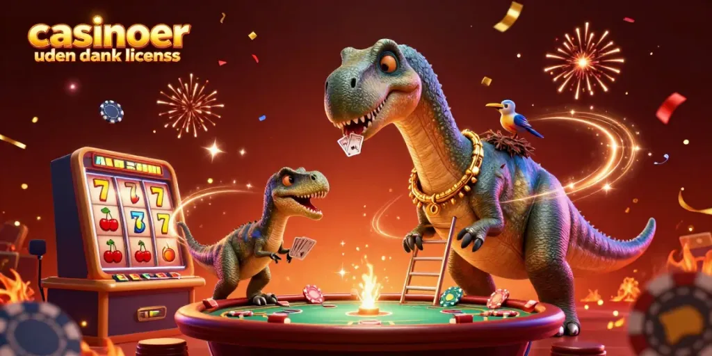 Experience excitement with casinoer uden dansk licens amid a 3D brontosaurus and poker elements.