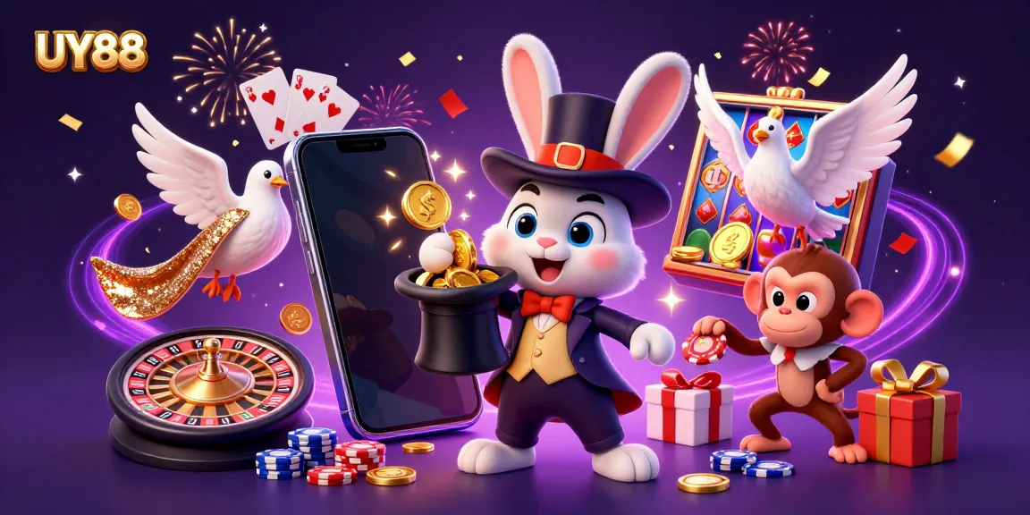 Engage with UY88 and win big with a vibrant 3D illustration showcasing dynamic casino action.