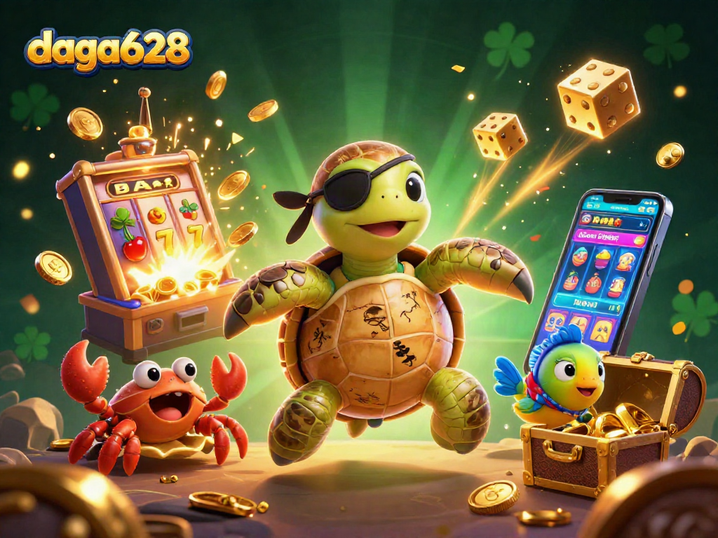 daga628 showcases a dynamic casino scene with cartoon characters and explosive jackpot elements.