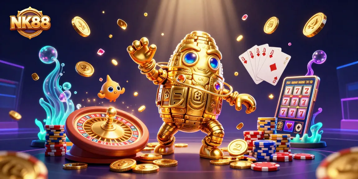 Watch as NK88's golden golem spins amidst dazzling casino elements in a vibrant online gaming scene.
