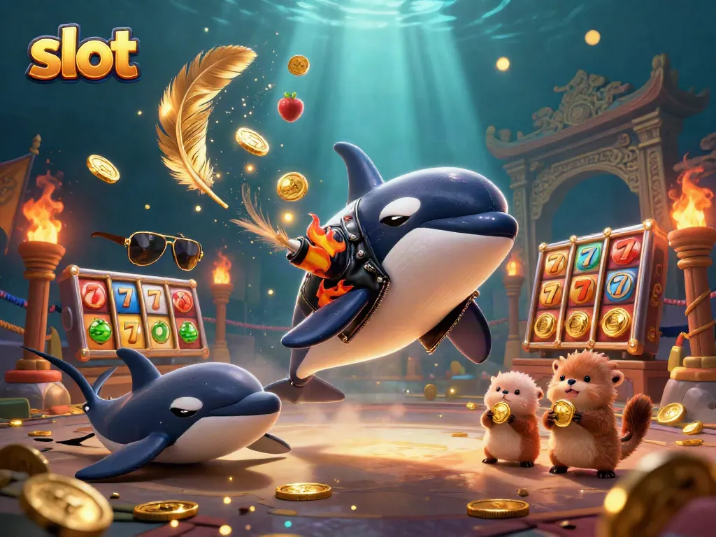 Spin the slot as a lively orca performs in a vibrant underwater casino scene.