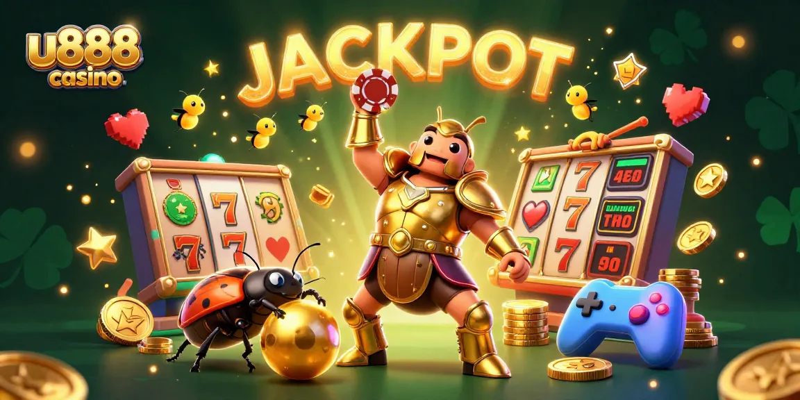 Experience the thrill of winning at u888 casino as a hercules beetle celebrates with poker chips and jackpots.
