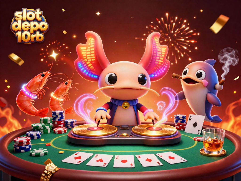Experience the thrill of slot depo 10rb with vibrant 3D casino illustration featuring lively characters.