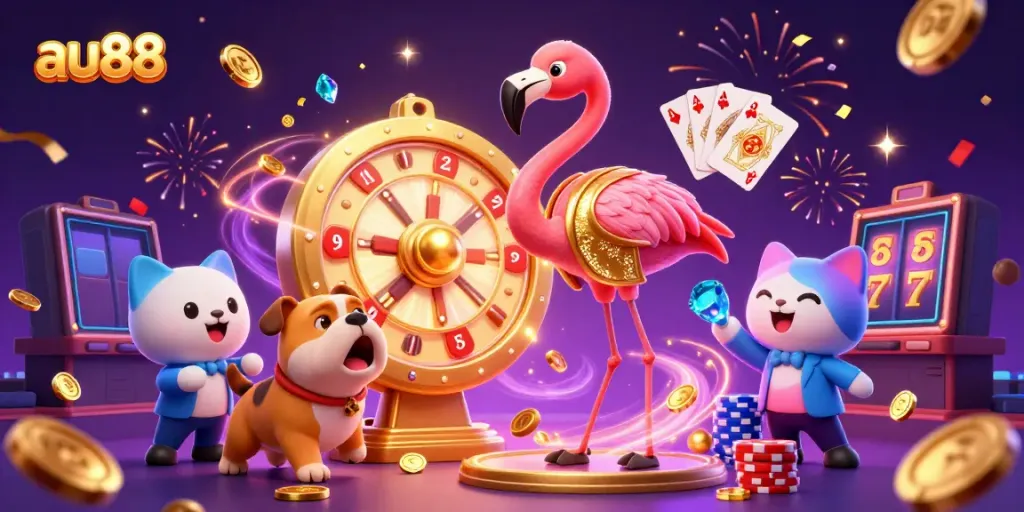 Engage in thrilling gameplay at au88 with a dynamic carnival scene of fun characters celebrating huge winnings.